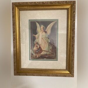 Guardian Angel & Children over Bridge Wall Art Nostalgic, Gold Frame 12 x 14
